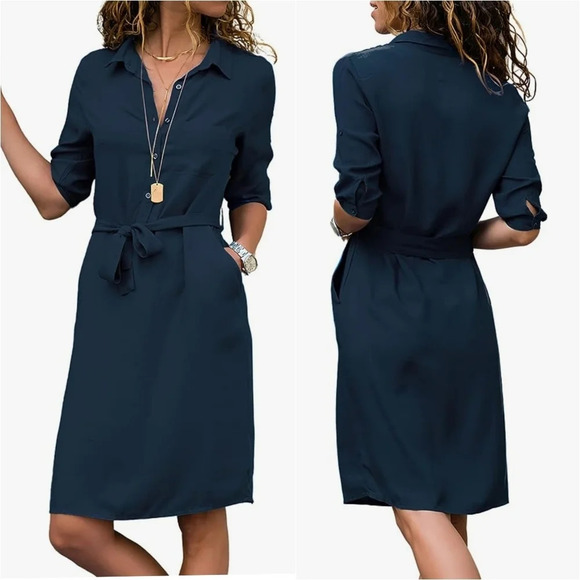 NWT ebossy 3/4 Sleeve Knee Length Belted Button Down Shirt Dress POCKETS - Picture 1 of 8